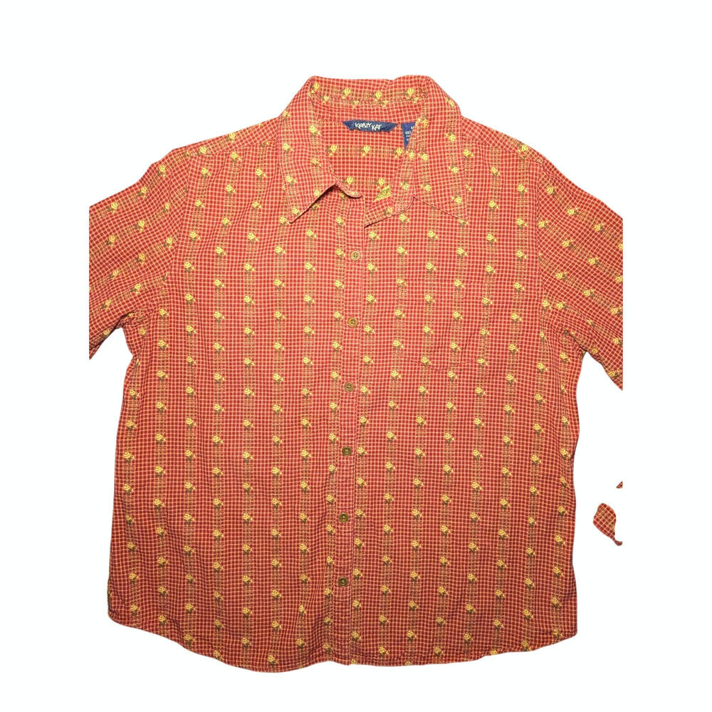 Krazy Kat Vintage Cottagecore Calico Floral Button Down Shirt Red Tan Size M - Picture 12 of 15